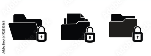 Vector set with black folder and lock. Confidential protected file and document. Secret information. Private protected folder.