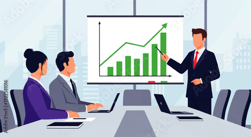 Business professionals collaborating in an office meeting, analyzing market growth and strategic development projections on a visual presentation screen