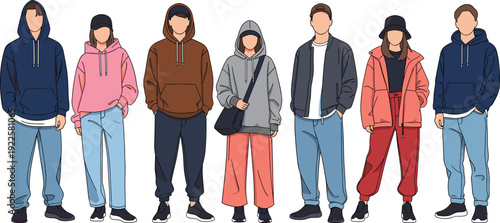 Minimalist digital illustration of seven people in casual streetwear outfits including hoodies, jackets, joggers, and sneakers, symbolizing urban fashion, lifestyle, and modern clothing trends