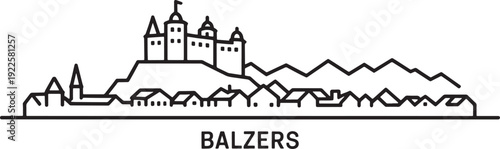 Balzers liechtenstein thin line cityscape outline drawing castle mountain travel panorama vector