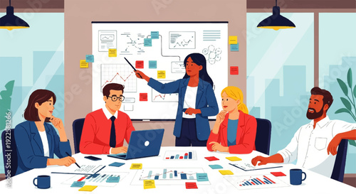 Business professionals collaborating on a strategic presentation, analyzing market growth and financial performance data, showcasing successful project development and future planning
