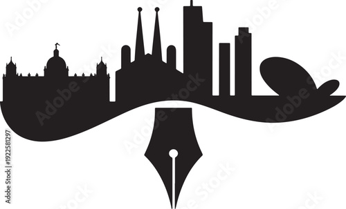Barcelona city skyline merged with calligraphy pen nib over curved horizon line