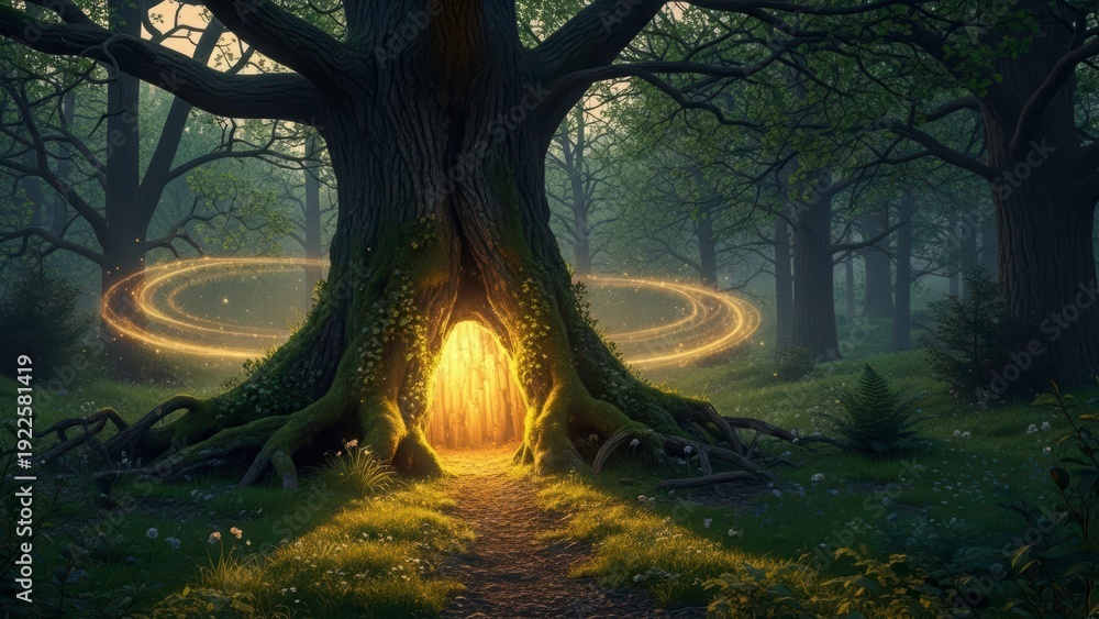 Naklejka premium Mystical Portal in the Forest: A magical gateway beckons from within an ancient tree, radiating light amidst a serene woodland, inviting viewers to step into a world of wonder and untold adventures. 