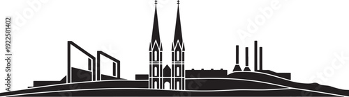 City silhouette with twin church spires and industrial factory chimneys on rolling hill terrain