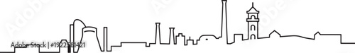 City skyline outline drawing with bridge, modern architecture, and church tower vector
