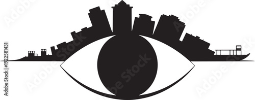 City skyline reflected in giant eye shape representing urban vision or surveillance perspective