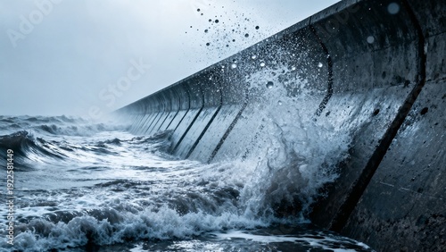 Powerful Ocean Waves Crashing Against Concrete Sea Wall Breakwater During Stormy Weather with Dramatic Water Splashes and Moody Blue Atmosphere at the Coastal Shoreline