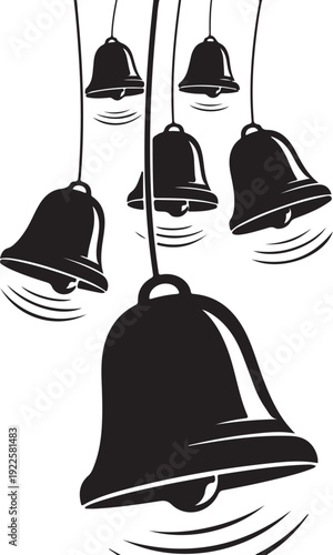 Black bells hanging from strings in a white space