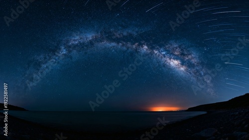Stunning Panoramic View of the Milky Way Arch over a Calm Night Sea with Star Trails and a Distant Horizon Glow; Cinematic Long Exposure Astrophotography of the Galaxy and Shoreline.