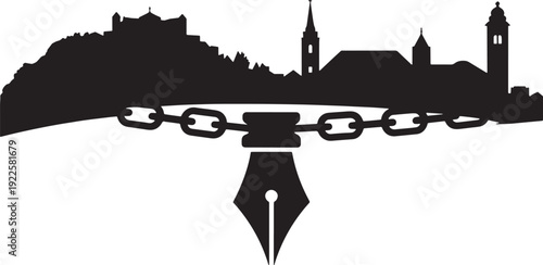 Graphic outline depicting medieval castle chains and large fountain pen nib representing writing