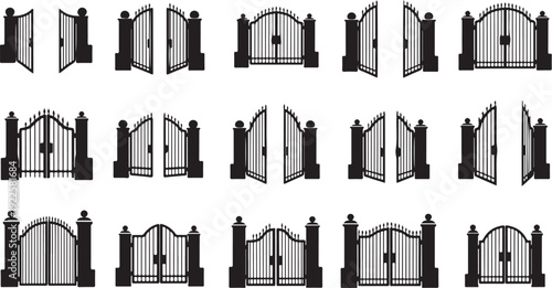 Various Open and Closed Gate Illustrations in Black and White