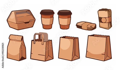 Cartoon Kraft Paper Takeaway Packaging Vector Set