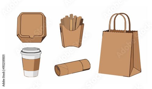 Minimalist Brown Kraft Takeaway Food Packaging Vector Set
