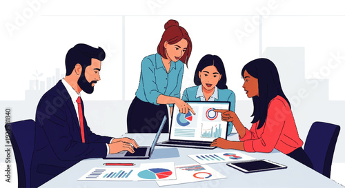 Diverse team collaborating around a table analyzing charts and graphs on laptops during a business meeting