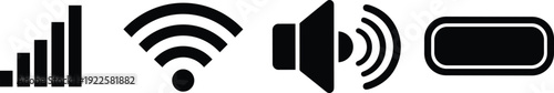 Set of universal device interface icons including signal strength, Wi-Fi, speaker volume, battery level, and power button, representing connectivity, audio, energy, and control functions