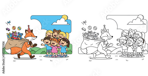 Cute cartoon fox carrying big sack full of toys and gifts for happy group of children in the park vector illustration