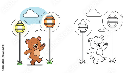 Cute cartoon bear walking happily between glowing lanterns vector illustration adorable brown teddy character