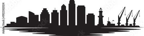 Modern cityscape silhouette banner depicting major port city skyscrapers and industrial harbor cranes