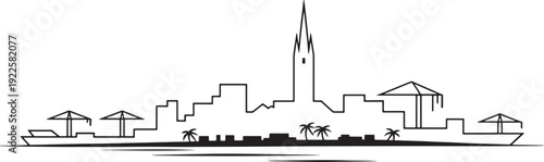 Outline skyline of male maldives island city featuring central tower and beach resorts vector