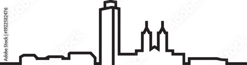 Vector outline drawing of large city skyline featuring modern skyscrapers and historic twin towers architecture