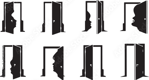 Silhouettes of faces emerging from open doors concept