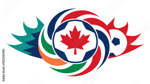 Stylized soccer ball with canadian maple leaf and colorful swirling shapes symbolizing sport and national identity