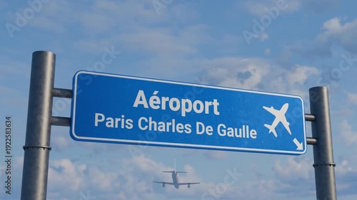 Blue Road Sign for Paris Charles De Gaulle Airport with Airplane Flying Overhead