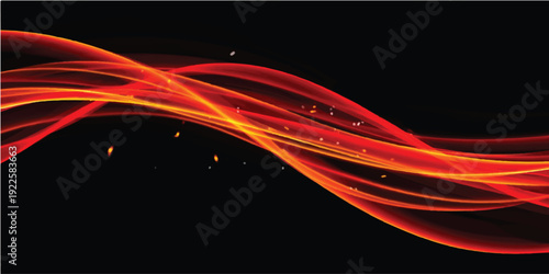 A futuristic dynamic illustration of a glowing red fractal wave with swirling lines and light curves over a black backdrop creates an energetic motion pattern for a modern wallpaper design