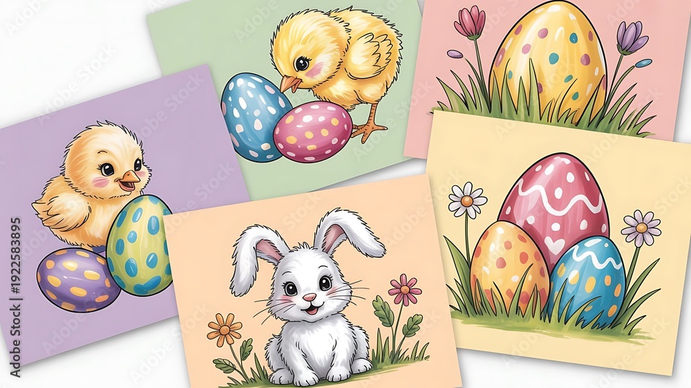 Obraz premium Easter bunny and chicks with colorful eggs in spring flowers