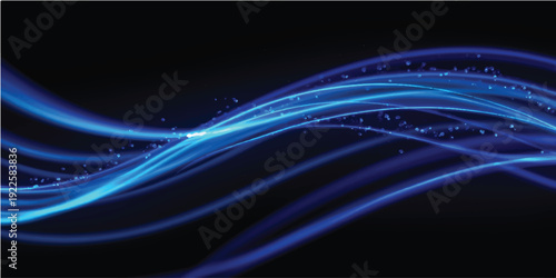 A futuristic blue wave illustration featuring flowing lines and a glow of purple energy creates a motion-filled fractal pattern on a dark wallpaper backdrop