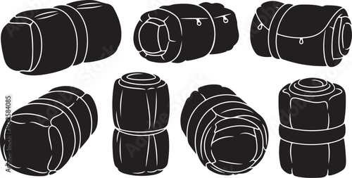 Illustration of various rolled up sleeping bags in black