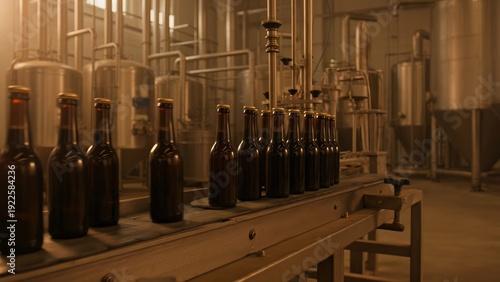 Bottles on conveyor belt being filled with liquid in a beverage production facility, stainless steel tanks and machinery visible in the background