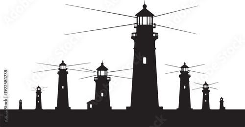 Silhouette of multiple lighthouses on a white background illustration