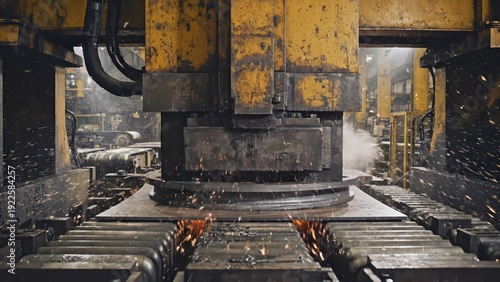 Industrial machinery in a manufacturing facility processes metal sheets, with a hydraulic press and robotic arm performing sequential actions in a factory setting