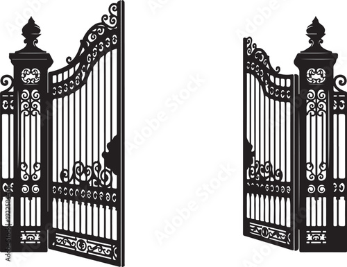 Ornate black iron gates with decorative scrollwork and finials standing