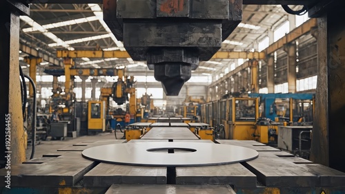 Industrial metalworking process showing a hydraulic press shaping a flat metal disc into a conical form inside a large manufacturing facility