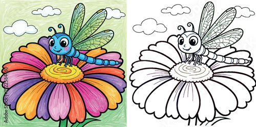 Cute cartoon blue dragonfly sitting on a large colorful flower with rainbow petals, hand drawn style
