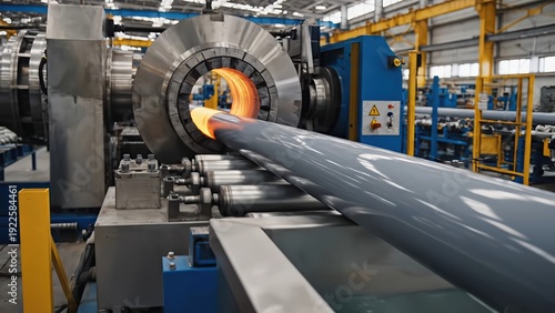 Industrial manufacturing process showing heated metal pipe being extruded through a machine into a water tank, with steam and water splashing in a factory setting
