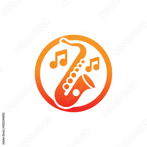 Vibrant saxophone silhouette with musical notes in a colorful circular design warm gradient background in orange and red hues artistic symbol for music and creativity
