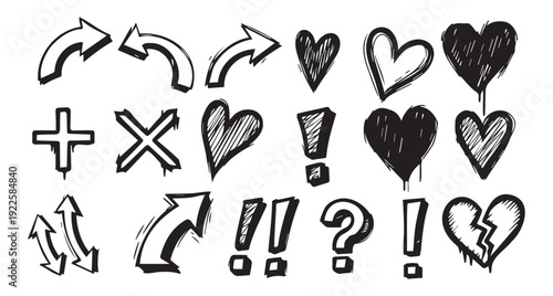 Doodle Arrows Hearts Punctuation Marks Set: Hand Drawn Icons for Design