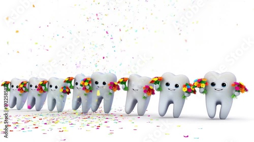 A parade of tooth characters dances with bouquets in a festive line. Energetic 3D animation for dental clinic group celebrations.
