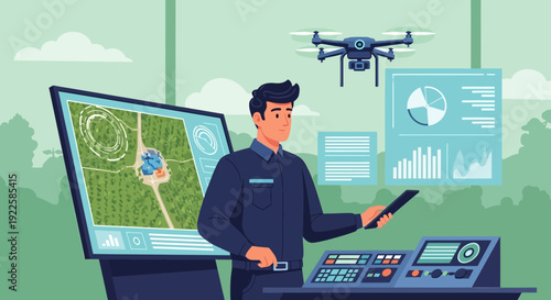 Man Operating Drone Control System.