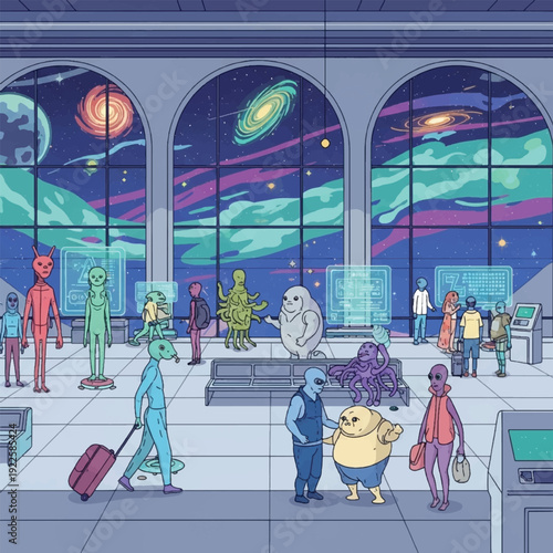 Aliens in a space station terminal.