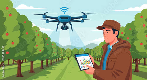 Man Operating Drone in Orchard with Tablet.