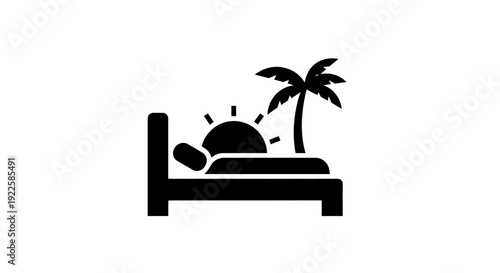 A person lying on a bed with a palm tree and sunset in the background, serene scene illustration