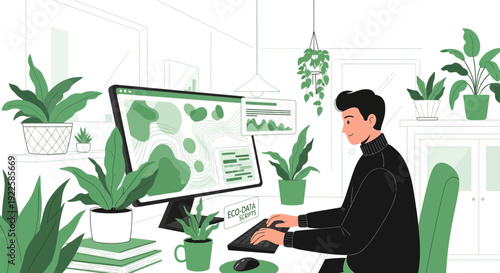 Man Working on Computer Surrounded Plants.