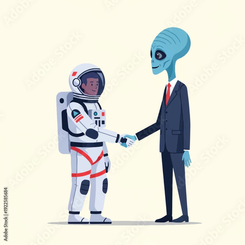 Astronaut and alien handshake greeting.