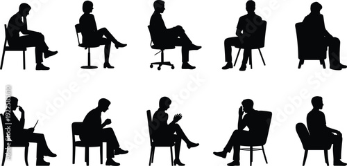 Black silhouettes of diverse men and women sitting in chairs isolated on white background for architectural visualization business meeting and waiting room vector design