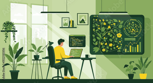 Man Working on Laptop in Green Office 2.