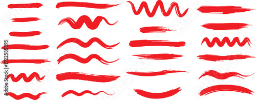 A diverse collection of various red brush strokes, including straight, wavy, and zigzag lines, isolated on a clean white background.